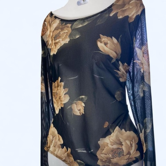Black Floral Mesh Long Sleeve Bodysuit L In Style - Picture 1 of 4